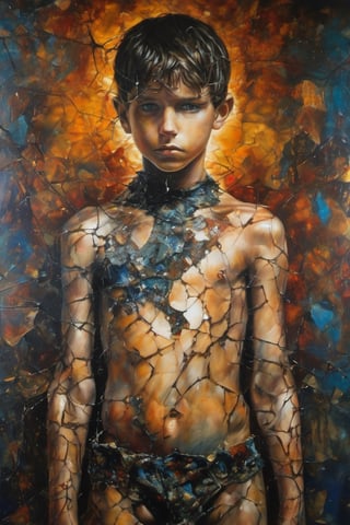 a whole shot of a painting of a full boy`s body with a broken body, ten years old,cracked porcelain body, fragmented, abstract portrait, luis royo, surrealist dark art, boris vallejo, shattered, dark schizophrenia portrait, milo manara inspired, shattered abstractions, shattered mirror, shattered mirror composition, shattered wall, 4 k symmetrical portrait, glass body, Detailedface, Detailedeyes,1boy