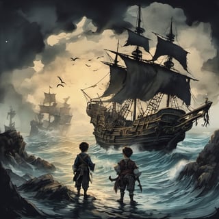 2 boys pirate portrait, ink scenery,  scenery, black teme, pirate ship, sea, light, 8k,detailed, muted color, ink art 