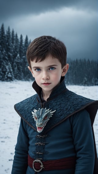 (fantasy style, portrait of a extremely beautiful   ten-year-old vampire boy . The boy should have detailed face features, including sharp eyes and soft skin that enhance his allure. The photo should be captured in an organic and photorealistic style, with intricate details that create a hyperrealistic effect., close-up, extremely beautiful, beautiful gray eyes, cold atmosphere, winter theme, (((hugging the baby dragon))), snow , Game of thrones style, pine trees, dark storm clouds, fluffy clouds in the background, unreal engine, (masterpiece, intricate, epic details, sharp focus, dramatic and surreal oil painting),cute dragon