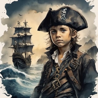 boy pirate portrait, ink scenery,  scenery, black teme, pirate ship, sea, light, 8k,detailed, muted color, ink art 