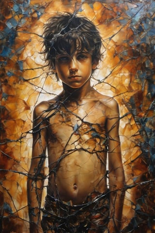 a whole shot of a painting of a full boy`s body with a broken body, ten years old,cracked porcelain body, fragmented, abstract portrait, luis royo, surrealist dark art, boris vallejo, shattered, dark schizophrenia portrait, milo manara inspired, shattered abstractions, shattered mirror, shattered mirror composition, shattered wall, 4 k symmetrical portrait, glass body, Detailedface, Detailedeyes,1boy