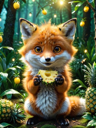 ultra realistic, best quality, cinematic, ultra detailed picture of beautiful cute friendly fox eating pineapple in an enchanted forest landscape, sharp focus, work of art and beauty, fireflies, magic lights, 8k UHD, more detail XL