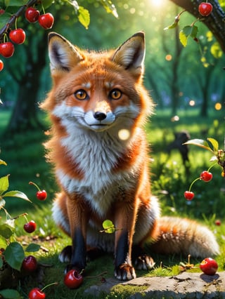 ultra realistic, best quality, cinematic, ultra detailed picture of beautiful cute friendly fox eating cherries in an enchanted orchard landscape, sharp focus, work of art and beauty, magic lights, 8k UHD, more detail XL