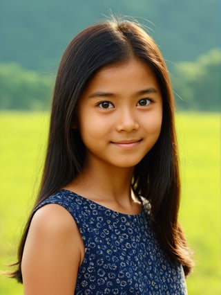 photo r3al, Movie Still, teen girl, masterpiece, best quality, ultra quality, ultra detailed, detailed eyes, proper anatomy, Malaysian, warm lighting, black hair, simple dress with pattern, standing, looking at viewer, plain, average, natural face, closeup, smirking, sunlight, outdoors, dimples, (((closed mouth)))