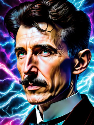 Nikola Tesla portrait, Leonardo Style, Bold, Digital Painting, Edgy, Colorful, 8K UHD, Intricate Details, happy lighting, hyper-realistic details, with digital painting techniques, trending on Artstation, cinematic lighting, realistic hair, detailed hair, (upper body), vaporwave, bright lighting, aestethic, electricity effect