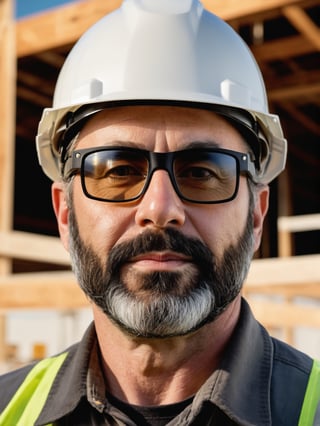 photo r3al, photorealistic, masterpiece, hyperdetailed photography, solo male, black-gray subtle chin_beard, 45 years old, best quality, 8k, ultra quality, ultra detailed, closed mouth, warm lighting, soft lighting, (closeup), looking_at_viewer, facing viewer, front_view, contractor, construction site, milwaukee safety glasses, construction helmet