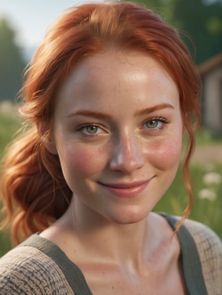 photo r3al, photorealistic, masterpiece, hyperdetailed photography, solo female, villager, redhead, smile, freckles, outdoors, best quality, 8k, ultra quality, ultra detailed, warm lighting, soft lighting, (closeup), looking_at_viewer, facing viewer, front_view, closed eyes