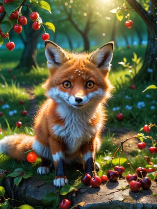 ultra realistic, best quality, cinematic, ultra detailed picture of beautiful cute friendly fox eating cherries in an enchanted orchard landscape, sharp focus, work of art and beauty, magic lights, 8k UHD, more detail XL