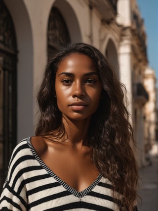 (hyperdetailed photography,), (masterpiece), real photo, 8k UHD, solo female, cuban, dark skin, 28 years old, brunette, natural beauty, best quality, ultra quality, ultra detailed, realistic eyes, ultra realistic, photography, standing, beach, sunny weather, warm lighting, outdoor havana, upper body, long hair, tanned skin, facing_viewer, front_view, black & white stripped fashion sweater, 