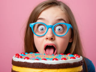 goofy beautiful cute nerdy teen girl lick a big cake, crazy eyes, closeup, slightly freckled, realistic tongue