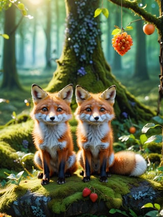 ultra realistic, best quality, cinematic, ultra detailed picture of beautiful cute friendly fox earing fruits in an enchanted forest landscape, sharp focus, work of art and beauty, 8k UHD, more detail XL