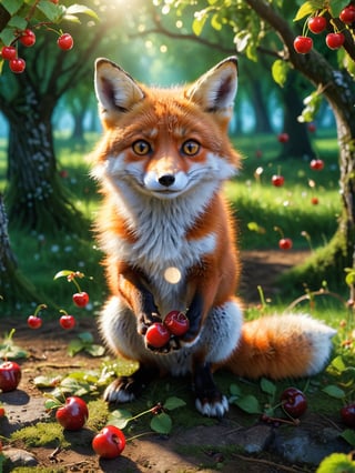 ultra realistic, best quality, cinematic, ultra detailed picture of beautiful cute friendly fox eating cherries in an enchanted orchard landscape, sharp focus, work of art and beauty, magic lights, 8k UHD, more detail XL