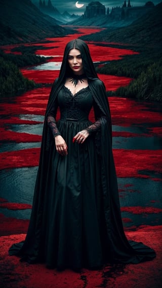 a witch in a red dress, with black intricate robe, vibrant palette, twisted god with no face, apokalyptic, (Hell and (rivers of blood in the background)), with dark radiant halo