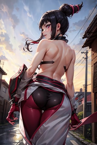 From behind, hip, Girl standing, onejuri, purple eyes, evil grrin, baggy pants, white pants, black panties, panties over clothes,((best quality)),  ((highly detailed)), perfect anatomy, masterpiece,scenery,intricately detailed, hyperdetailed, blurry background, depth of field, best quality, masterpiece, intricate details, tonemapping, sharp focus, hyper detailed, high 1res, in street,standing,leg up