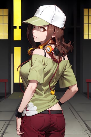 Standing,((highly detailed)),((perfect anatomy)),masterpiece,scenery,intricately detailed, hyperdetailed, blurry background, depth of field, best quality, intricate details,  tonemapping, sharp focus, hyper detailed, high 1res, ((at night)),((in dark japanese room)),gaenizuko, large breasts, hat, long brown hair, brown eyes, headphones, headphones around neck, baseball cap, off-shoulder green shirt, red pants, necklace, jewelry, bare shoulders, wristband, star (symbol), from behind ,constricted pupils