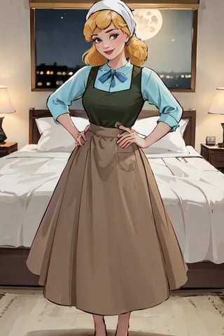 Standing, ((highly detailed)),((perfect anatomy)),masterpiece,scenery,intricately detailed, hyperdetailed, blurry background, depth of field, best quality, intricate details,  tonemapping, sharp focus, hyper detailed, high 1res, ((at night)),((in Bedroom),power_csm,Soridef,CinderellaWaifu,brown long skirt, head scarf, apron, waves, smile 