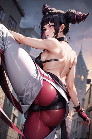 From behind, hip, Girl standing, onejuri, purple eyes, evil grrin, baggy pants, white pants, black panties, panties over clothes,((best quality)),  ((highly detailed)), perfect anatomy, masterpiece,scenery,intricately detailed, hyperdetailed, blurry background, depth of field, best quality, masterpiece, intricate details, tonemapping, sharp focus, hyper detailed, high 1res, in street,standing,leg up