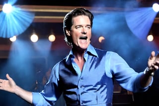 ((masterpiece, HD, 16K, realistic, real life)), 
Kyle MacLachlan singing in a theater, blue smocking dress, singing with microphone, sparkling lighting scene, soft smoke, happy atmosphere, like saturday night fever,