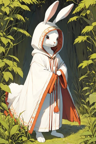 white healer's robe, standing, [:(rabbit,robe,standing:1.35):10]

robe is hem stitch and hood up