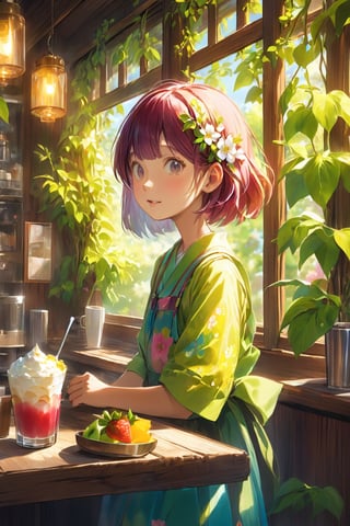 A girl. Ice cream. A coffee shop and ice cream with a spot of reflection. Special frappe, decorations, piles of fruit, looks delicious. Looks so delicious. Chewy and enchanting. Artistic glass containers. A quiet coffee shop facing a beautiful flower garden.

As the warmth of the summer sun beat down, 10-year-old Sakura was thrilled for her weekly treat - an afternoon out with Obaa-chan at the quaint little cafe nestled amongst the blossom trees. The rustic wooden walls were covered in flowering vines, their sweet scent wafting on the breeze. Colorful hangings and artwork filled any spaces not overflowing with blooms.

It was here that Obaa-chan always treated Sakura to the cafe's specialty - a towering glass of their 'Rainbow Reviver' frappe. Vibrant flavors of berries, mangoes and coconut were artistically layered in spirals, sure to lift any mood. Today, Sakura had also chosen a fresh fruit sundae, piled high with peaches, strawberries and kiwi atop creamy vanilla.

As always, the first bite was heavenly. Sweet juices burst across her tongue as soft fruits melted in her mouth. Laughter and chatter drifted out from the open windows, mingling with birdsong in the branches above. All around, other patrons enjoyed treats as deliciously. Behind the counter, the baristas worked diligently to create more masterpieces.

Once sated, Sakura and Obaa-chan relaxed with cool drinks, watching puffy clouds drift by. "Thank you for bringing me here every week," Sakura said, leaning into her grandmother's side with a contented sigh. Obaa-chan smiled, patting her head gently. "Anytime. A place with such happy memories is one worth returning to." Sakura smiled back, gaze drifting to the blooms. She couldn't agree more.