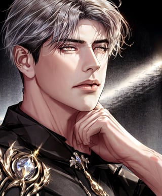 very detailed background, 

1boy, (solo, solo focus), upper body,

perfect face, silver hair, (silver eyes:1.5), lips, slit pupils, (detailed eyes), beautiful detailed eyes, short hair,

looking to the side,

bodybuilder, perfect anatomy, lustrous skin,

(masterpiece, best quality, ultra-detailed, highres, best illustration, realistic, skindentation, specular highlights), sidelighting, epic, illustration, render, volumetric lighting, welcoming, see-through gossamer, 
depth_of_field, extreme light and shadow, (beautiful), perfect lighting, 
(extremely detailed illustrated 8k wallpaper), (best shadow), (fantasy:1.4), (masterpiece), (best quality), (ultra-detailed), (best illustration), (best shadow), (fantasy:1.4), vivid colors,
(shine), ray tracing, (bloom), 

whisker markings,Male focus,jubelian
