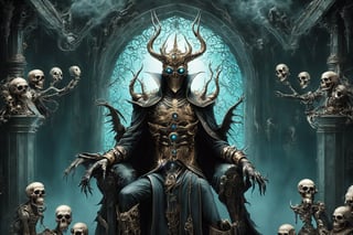 warlock, evil background, lich king, hellish, ornate, atmospheric perspective, black hands, dead bodies jammed into ceiling, ste4mpunk