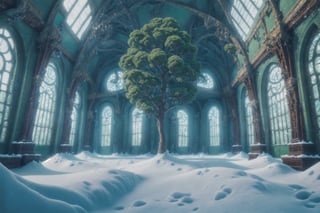 one beautiful green tree, inside large room, some snow, beautiful environment,high details, ornate, biopunk style, realistic, photographic quality, atmospherice perspective ,insertNameHere, nodf_lora