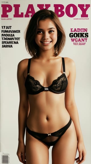 playboy cover, magazine, full-length_portrait, photograph of a 17-years-old indonesian female, detailed face, looking at viewer, surreal, short hair, garter belt, A beaming radiant girl with a genuine smile, simple dark background,
