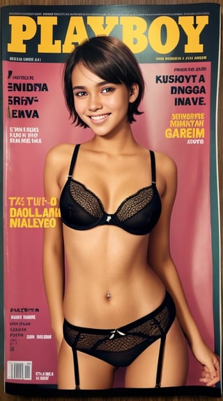 playboy cover, magazine, full-length_portrait, photograph of a 17-years-old indonesian female, detailed face, looking at viewer, surreal, short hair, sheer cloth, garter belt, A beaming radiant girl with a genuine smile, simple dark background,