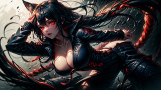 Masterpiece, ultra hd, 8k, hdr, dynamic, hype realistic, futuristic detailed background, finely detailed body, One female vampire, (dark red eyes), long black hair, bangs, hair_past_waist, straight_hair, perfect figure, cleavage cut out, big breast, topless, (ultra realistic texture skin),((Navy-blue-red-colored apparel, often in the form of long, two-tailed coats)), depth_of_field, solo_female,ActionFigureQuiron style,perfecteyes