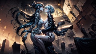 perfect figure, 1 girl and 1 human skeleton, she has blue hair, perfect yellow eyes,(perfect medium breasts:1.5),little open smile, (realistic skin:1.5), the scene have ultra hyper detailed background,((cementery background:1.6)), (the skeleton is dancing with her),witch clothes, crows, music notes on the air, the second character is made only by bones