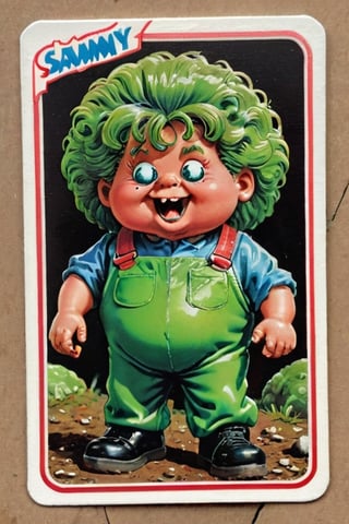 Sammy Slime,Trading sticker card, old card sticker, vintage ruined '80 style, series of sticker trading cards produced by the Topps Company, originally released in 1985 and designed to parody the Cabbage Patch Kids dolls, card of a Garbage pail kids, Capture a joyful and creative expression, old hot blur image, text title, very puffy face and body, '80s Garbage Pail Kids-style trading card featuring Sammy Slime, a fat boy oozing green slime from every pocket of his oversized, grungy overalls. His hair stands on end, stiffened by slime, and he sports a mischievous grin as he slings slime balls at unsuspecting passersby,APEX colourful ,3d toon style,claymation