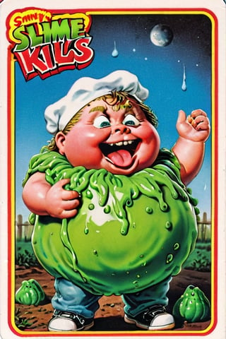 Sammy Slime,Trading sticker card, old card sticker, '80 style, series of sticker trading cards produced by the Topps Company, originally released in 1985 and designed to parody the Cabbage Patch Kids dolls, card of a Garbage pail kids, Capture a joyful and creative expression, old hot blur image, text title, very puffy face and body, '80s Garbage Pail Kids-style trading card featuring Sammy Slime, a fat boy oozing green slime from every pocket of his oversized, grungy overalls. His hair stands on end, stiffened by slime, and he sports a mischievous grin as he slings slime balls at unsuspecting passersby,APEX colourful ,3d toon style,claymation