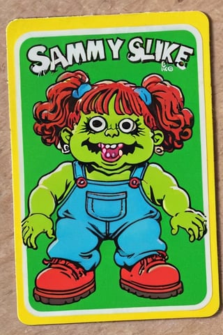 Sammy Slime,Trading sticker card, old card sticker, '80 style, series of sticker trading cards produced by the Topps Company, originally released in 1985 and designed to parody the Cabbage Patch Kids dolls, card of a Garbage pail kids, Capture a joyful and creative expression, old hot blur image, text title, very puffy face and body, '80s Garbage Pail Kids-style trading card featuring Sammy Slime, a fat boy oozing green slime from every pocket of his oversized, grungy overalls. His hair stands on end, stiffened by slime, and he sports a mischievous grin as he slings slime balls at unsuspecting passersby,APEX colourful ,3d toon style,claymation