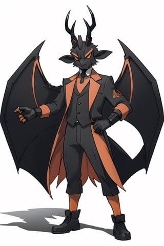 male demon jackalope, assassin gear, bunny ears, rabbit face, red-orange large bat_wings, 12 years old, demon tail, white furry, orange trim, black suit, full body image, elk horns, prehensile claws, black gloves