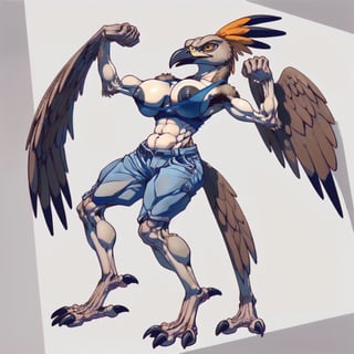 ((female)) eagle, feet made of talons, muscular legs, ((body covered in brown feathers)),  khaki shorts around her midsection, A cut-off tank top, ((perfect breasts)), ((white patch of feathers marking her stomach and abdominals)), monster, ((long arms covered in feathers ended with human hands and fingers)), gold eyes, ((head feathers tied back as a ponytail)), large beak, full-body, anthropomorphic, agawa, breasts, ((body Symmetry)), dynamic posture