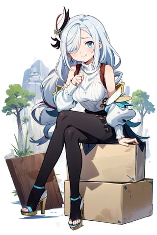 shenhe(genshin impact), bare shoulders, hair over one eye, 1girl, ribbed sweater, white background, black footwear,  blue eyes, closed mouth, hair ornament, pantyhose, high heels, shorts, solo, white hair, large breasts, legs, sitting, simple background, skirt, long hair, looking at viewer,masterpiece, best quality,scenery, nswf ,smile to viewer,
tilt head  ,Sitting on a box