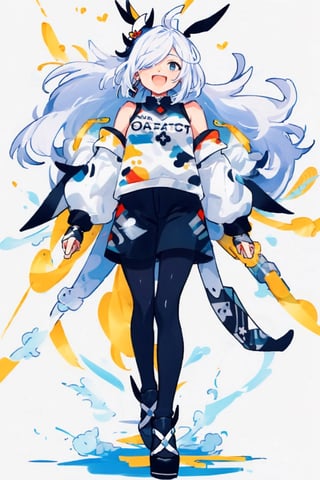 shenhe(genshin impact), bare shoulders, hair over one eye, 1girl,  black footwear,  blue eyes,open mouth, hair ornament, pantyhose, high heels, shorts, solo,white hair, large breasts, legs, simple background, skirt, long hair, looking at viewer,masterpiece, best quality,smile to viewer ,;d
,cartoon,col,dynamic,hiphop,Street culture,street art,Graffiti,Skate,spray can