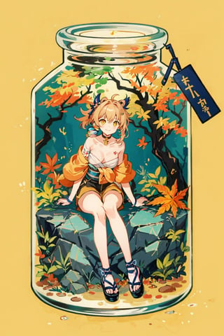 shenhe(genshin impact), bare shoulders, 1girl,  yellow eyes, hair ornament,high heels, shorts, solo,orange hair, large breasts, legs, simple background, skirt, long hair, looking at viewer,masterpiece, best quality,smile to viewer ,autumn,yellow leaf
,cartoon,col,dynamic,Graffiti,sitting on the rock under the tree,	 SILHOUETTE LIGHT ,bule sky,PARTICLES,form behind ,yoimiyadef,phgls,phgls, in container, submerged,bottle on the desk,bottle,yoimiyarnd
