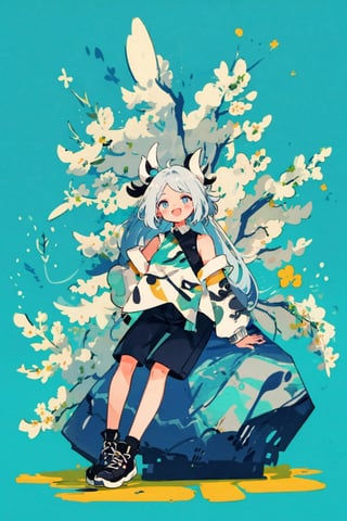 shenhe(genshin impact), bare shoulders, hair over one eye, 1girl,  black footwear,  blue eyes,open mouth, hair ornament, pantyhose, high heels, shorts, solo,white hair, large breasts, legs, simple background, skirt, long hair, looking at viewer,masterpiece, best quality,smile to viewer ,;d
,cartoon,col,dynamic,hiphop,Street culture,street art,Graffiti,Skate,spray can,sitting on the rock under the tree,	 SILHOUETTE LIGHT PARTICLES,seaside