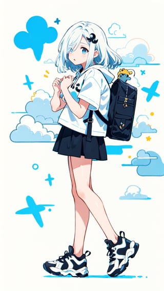  shenhe(genshin impact), blue eyes, white hair, hair ornament, pantyhose, shorts, solo, large breasts, legs,skirt, long hair,white t-shirt ,(black_hoodie),hair over one eye,

1girl,, white background,dynamic,
simple background,Black hoodie with white t-shirt,
simplecats,graffiti,dynamic,spreading,girl,sneakers,girl with 
black BackPack,cloud,((cumulonimbus)),
open mouth,

 scenery,masterpiece, best quality,(from side),masterpiece, best quality, no_humans,shenhe(genshin impact)