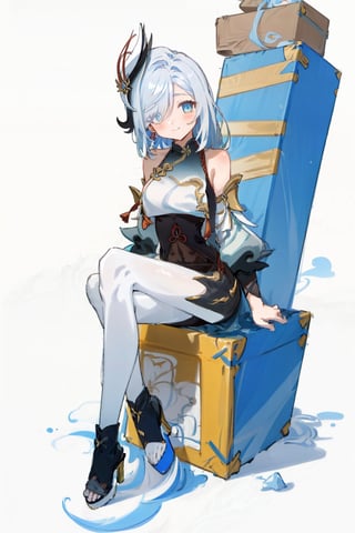 shenhe(genshin impact), bare shoulders, hair over one eye, 1girl, ribbed sweater, white background, black footwear,  blue eyes, closed mouth, hair ornament, pantyhose, high heels, shorts, solo, white hair, large breasts, legs, sitting, simple background, skirt, long hair, looking at viewer,masterpiece, best quality,scenery, nswf ,smile to viewer,
tilt head  ,Sitting on a box