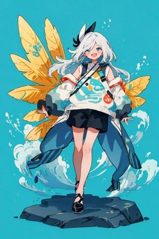 shenhe(genshin impact), bare shoulders, hair over one eye, 1girl,  black footwear,  blue eyes,open mouth, hair ornament, pantyhose, high heels, shorts, solo,white hair, large breasts, legs, simple background, skirt, long hair, looking at viewer,masterpiece, best quality,smile to viewer ,;d
,cartoon,col,dynamic,hiphop,Street culture,street art,Graffiti,Skate,spray can,sitting on the rock under the tree,	 SILHOUETTE LIGHT PARTICLES,seaside,blue background
