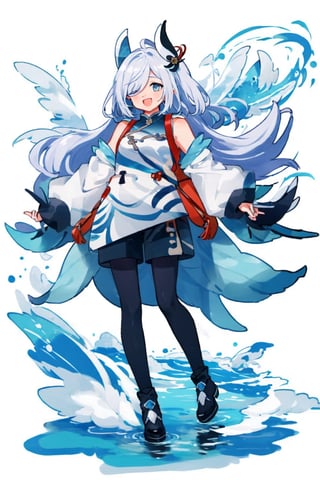 shenhe(genshin impact), bare shoulders, hair over one eye, 1girl, white background, black footwear,  blue eyes,open mouth, hair ornament, pantyhose, high heels, shorts, solo,white hair, large breasts, legs, simple background, skirt, long hair, looking at viewer,masterpiece, best quality,scenery, smile to viewer ,seaside,shallow water,blue sky,;d
,cartoon,col
