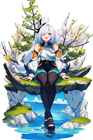 shenhe(genshin impact), bare shoulders, hair over one eye, 1girl, white background, black footwear,  blue eyes,open mouth, hair ornament, pantyhose, high heels, shorts, solo,white hair, large breasts, legs, simple background, skirt, long hair, looking at viewer,masterpiece, best quality,scenery, smile to viewer ,seaside,shallow water,blue sky
,cartoon,col,sitting on the box under tree