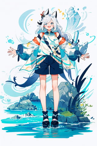 shenhe(genshin impact), bare shoulders, hair over one eye, 1girl,  black footwear,  blue eyes,open mouth, hair ornament, pantyhose, high heels, shorts, solo,white hair, large breasts, legs, simple background, skirt, long hair, looking at viewer,masterpiece, best quality,smile to viewer ,;d
,cartoon,col,dynamic,hiphop,street art,Graffiti,sitting on the rock under the tree,	 SILHOUETTE LIGHT PARTICLES,seaside,form behind ,open arms,no_humans