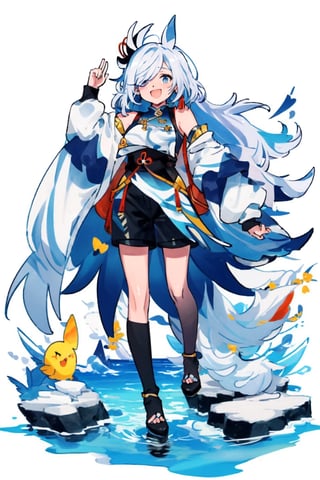 shenhe(genshin impact), bare shoulders, hair over one eye, 1girl, white background, black footwear,  blue eyes,open mouth, hair ornament, pantyhose, high heels, shorts, solo,white hair, large breasts, legs, simple background, skirt, long hair, looking at viewer,masterpiece, best quality,scenery, smile to viewer ,seaside,shallow water,blue sky,;d
,cartoon,col