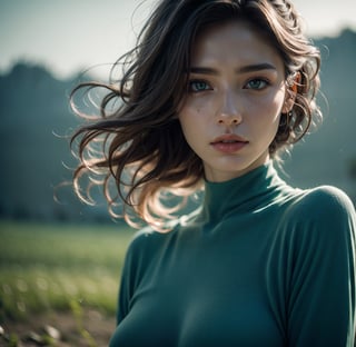 (closeup shot :1.4) of a very beatutiful supermodel wearing a bodycon on a open field,  (oval face), embers of memories,  colorful,  (photo-realisitc), exposure blend,  bokeh,  (hdr:1.4),  high contrast,  (cinematic,  teal and green:1.2),  (muted colors,  dim colors,  soothing tones:1.3),  low saturation, fate/stay background, yofukashi background, 1, toitoistyle