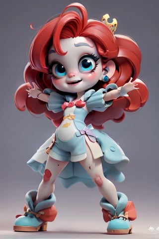 1 girl, little princess Ariel (red hair, worn dress, zombie pose, blue eyes, zombie girl), smiling, full body, cute, gray background, 3/4 pose, chibi, little eyes, cartoon