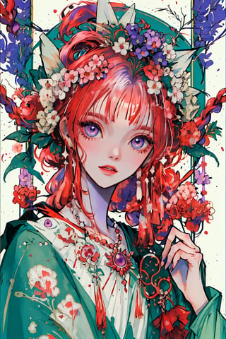 beautiful fairy gouache sketch, pearl and coral necklaces in her hair, red_hair, dynamic pose, purple flower frame, pixiv art, expressive face, deep gaze looking at viewer, big eyes, cute, long_hair,TinkerWaifu,Rayearth, naked, profile pose